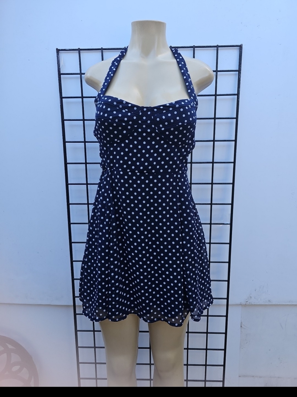 Forever 21 Navy and White Polka Dot Halter Mini Dress